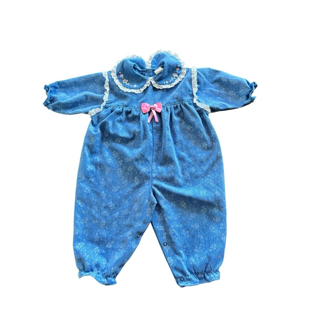 Vintage Baby Togs Blue Floral Romper 18 Mo Denim Look Lace Trim Cottage Core USA